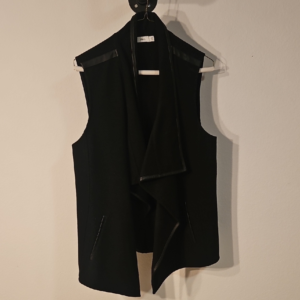 Vince Black Sleeveless Draped Open Front Vest Lamb Leather Trim sz L